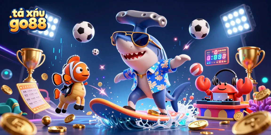 Join the adventure with tài xỉu go88 as a shark surfs on gold coins surrounded by dynamic sports elements.