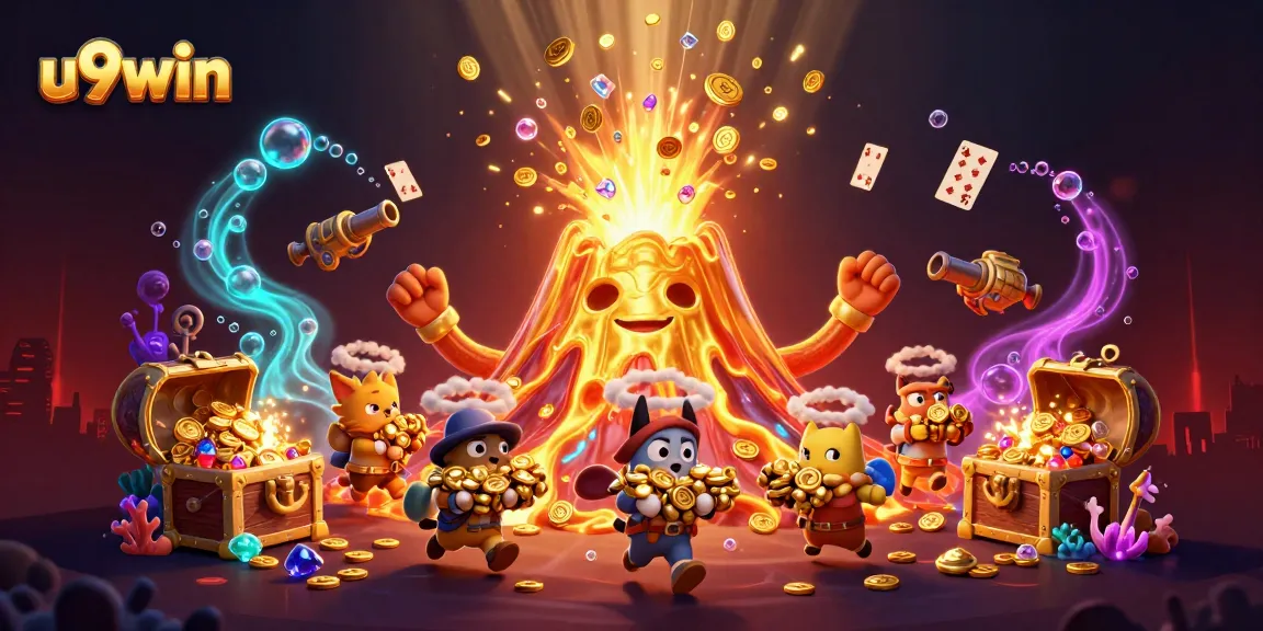 Win bonuses and treasures at u9win with a vibrant casino scene featuring erupting treasures.