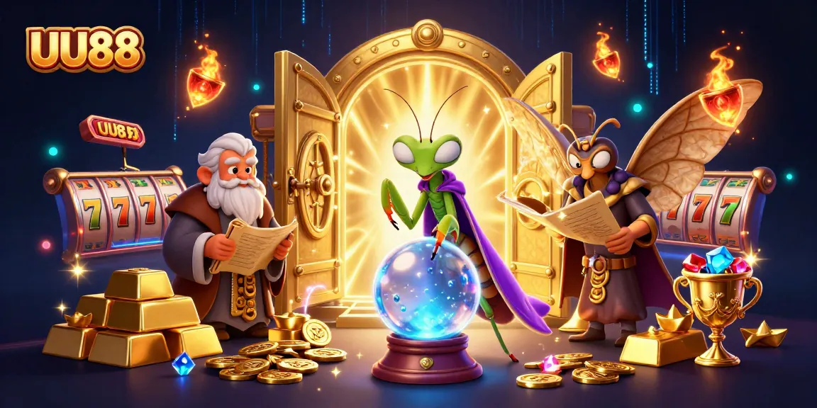 Win big with UU88 in a vibrant casino scene featuring a fortune teller and treasure galore.