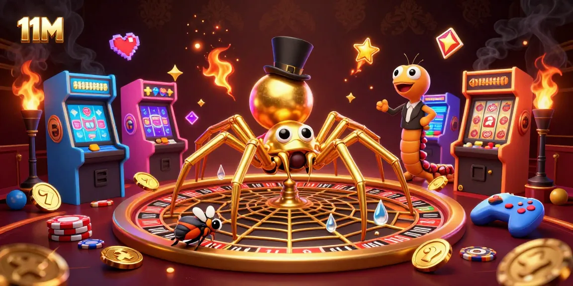 Engage with the thrilling world of 11M as a golden spider spins a roulette wheel in this dynamic casino illustration.