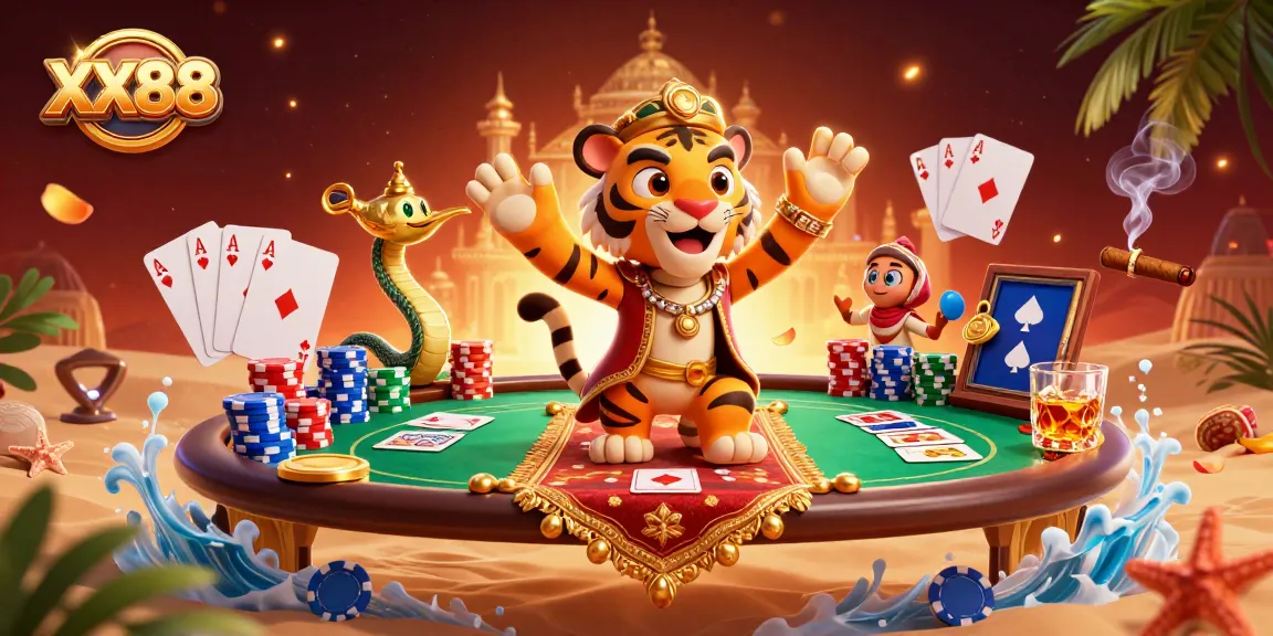 Experience thrilling poker action with XX88 as the tiger sultan and genie companion bring a casino fantasy to life.