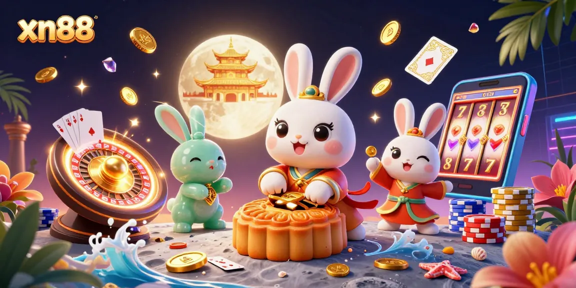 Experience the excitement of xn88 with a vibrant casino-themed illustration featuring moon rabbits and game elements.