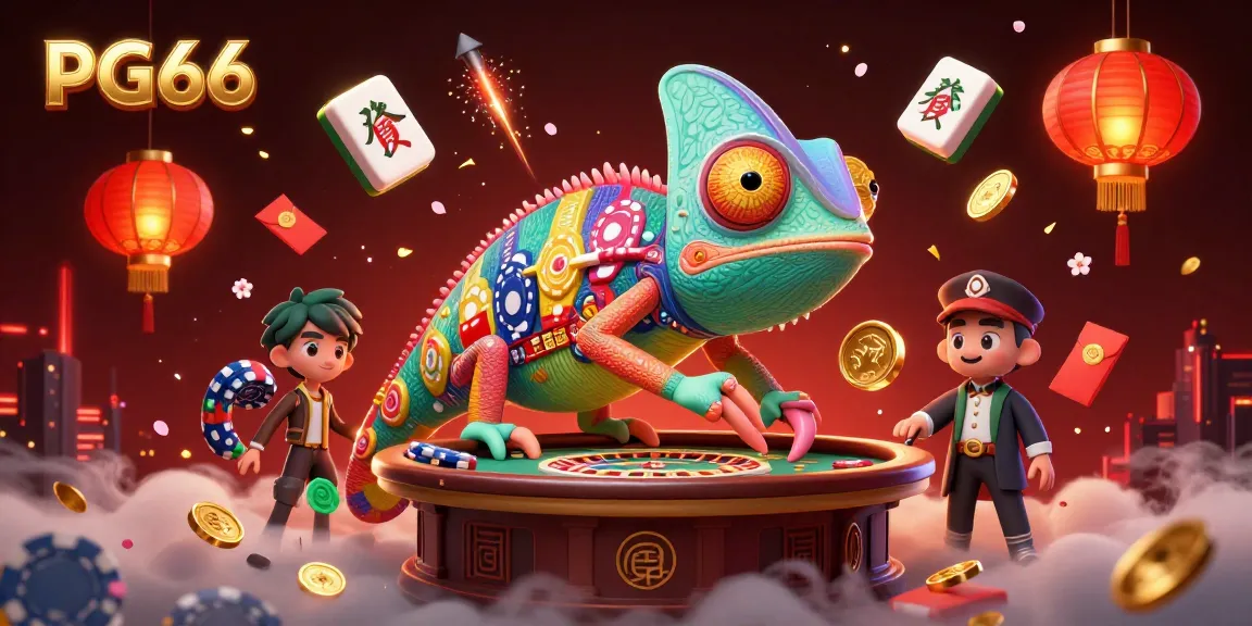Play exciting games at PG66 while a vibrant chameleon character interacts with golden winning elements.