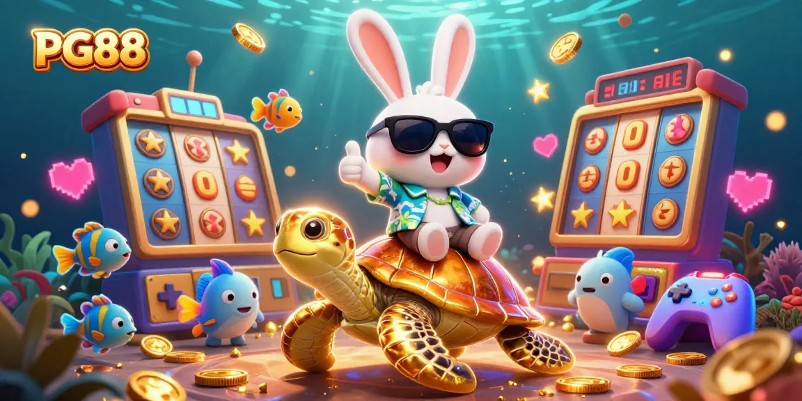 PG88 showcases a fun scene with a lucky rabbit and a golden turtle amidst casino elements.