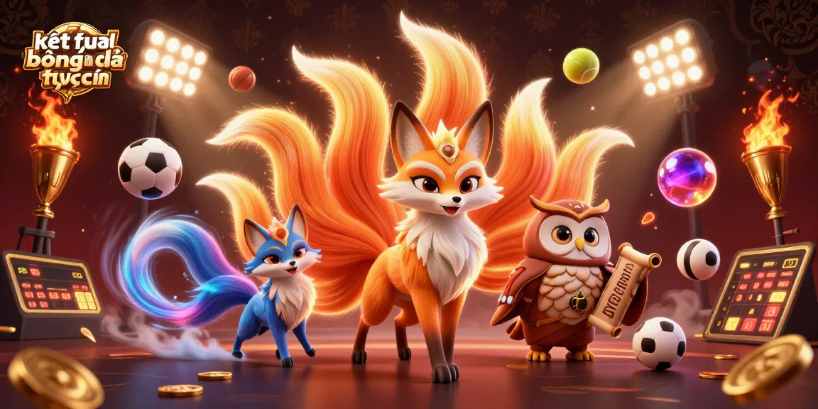 Kết quả bóng đá trực tiếp với hình ảnh hoạt hình 3D linh vật fox chín đuôi và cú khôn ngoan.