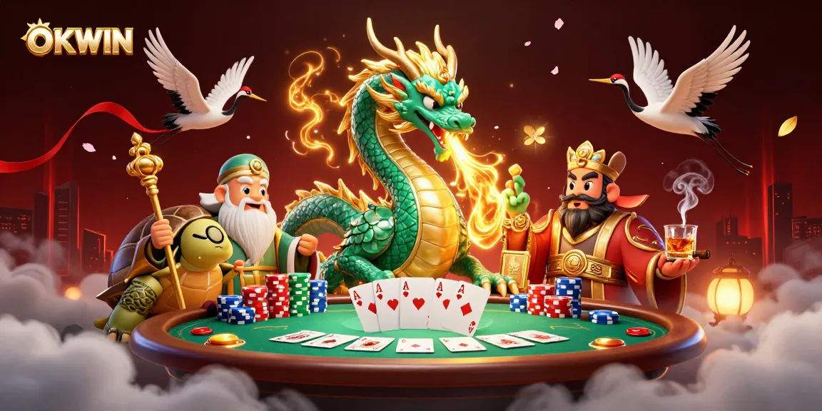 Experience thrilling gaming at OKWIN with a vibrant 3D casino scene featuring a jade dragon and lucky cranes