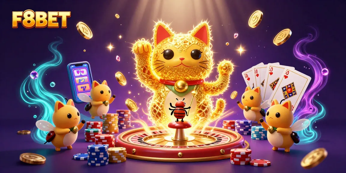 Experience F8BET's vibrant casino world filled with golden fireflies and lucky symbols.
