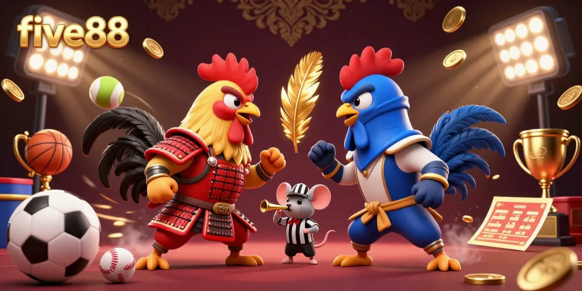 Experience thrilling betting action at five88 with dynamic fighting roosters and vibrant sports elements.