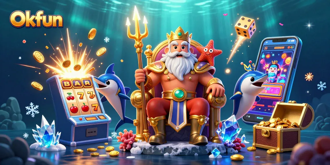 Join the fun at Okfun with a vibrant cartoon scene showcasing thrilling slots and festive rewards!