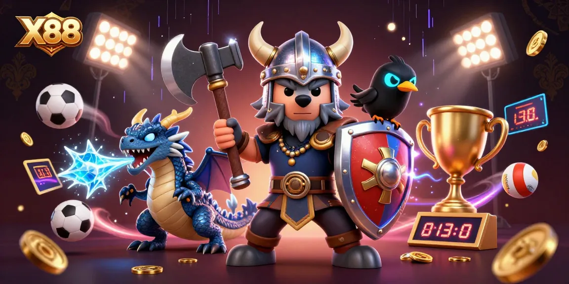 X88 showcases dynamic gaming with a Viking wolf warrior, fierce dragon, and vibrant sports elements.