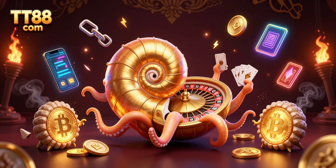 Engage in exciting gaming at TT88 com with a scene featuring a giant nautilus and glowing crypto elements.