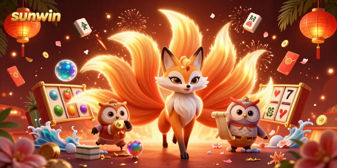 Experience vibrant sunwin casino action with a mystical fox and wise owl amidst dazzling gaming elements.