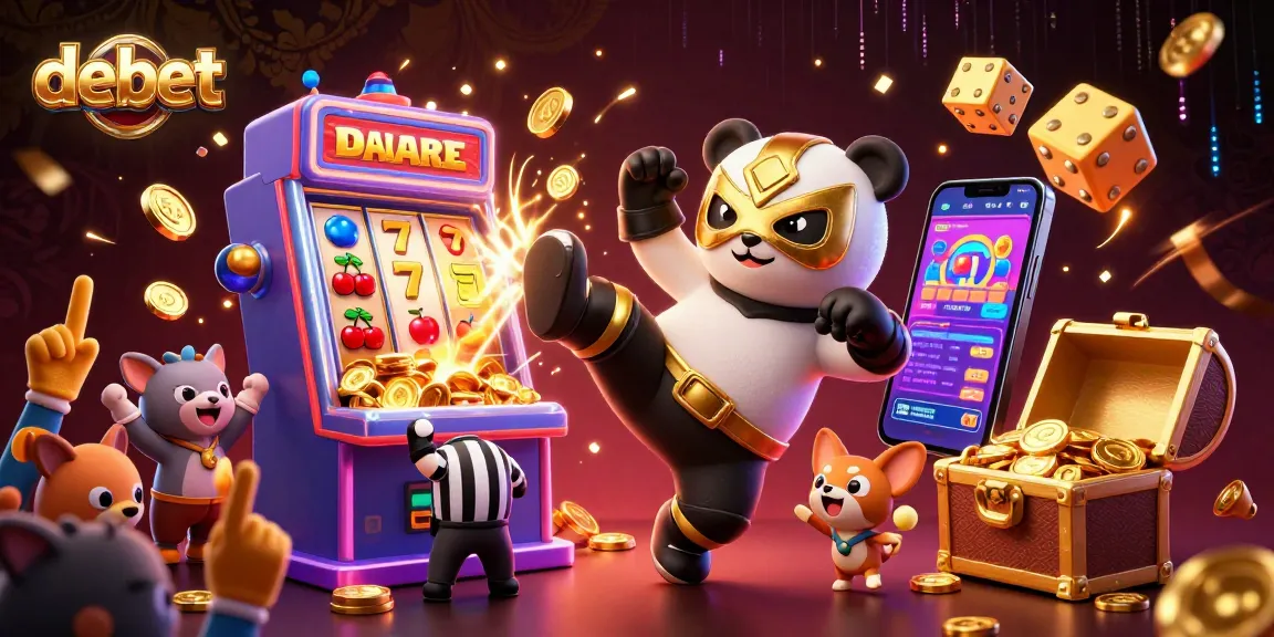 Experience the excitement of debet with a dynamic 3D illustration of a panda and chihuahua at a casino.