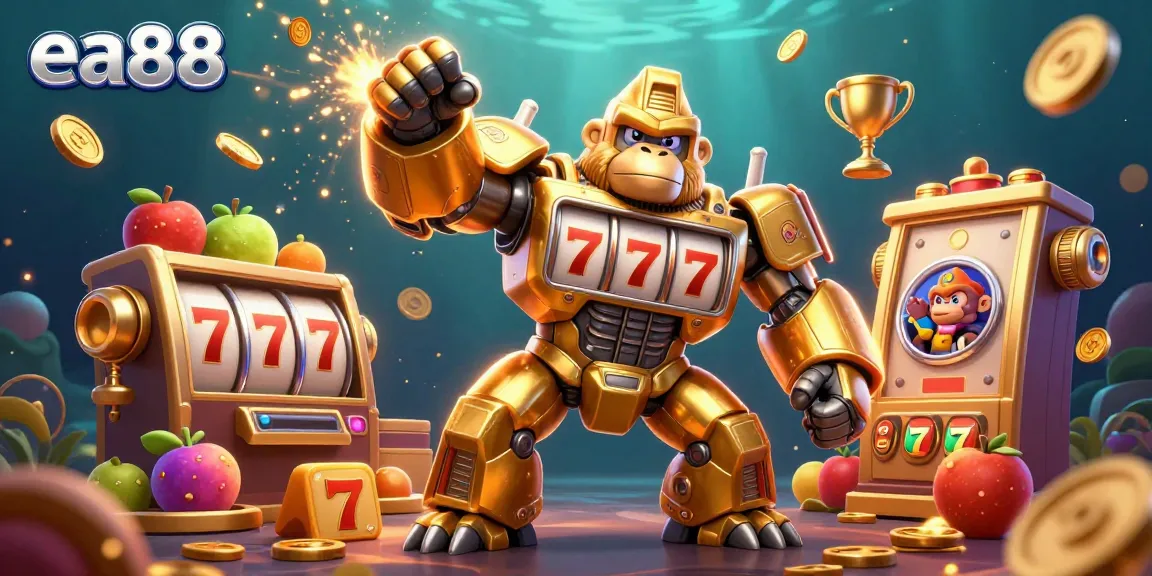 Experience the thrill of ea88 in this action-packed scene featuring a mech gorilla made of slot machine parts.