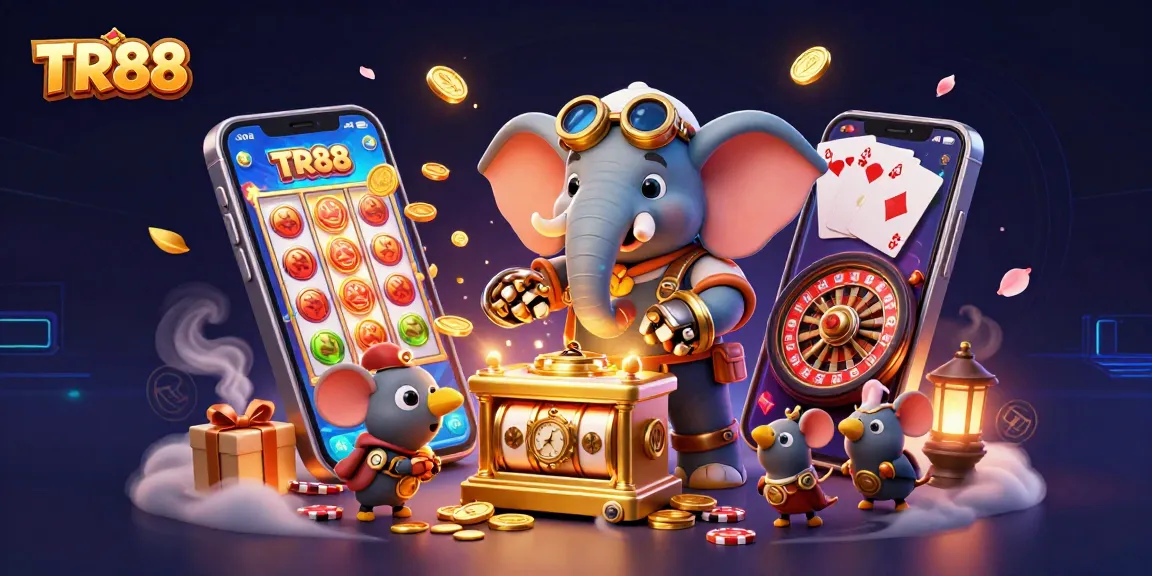 TR88 showcases a vibrant casino experience with a steampunk elephant slot engineer and dynamic gaming elements.