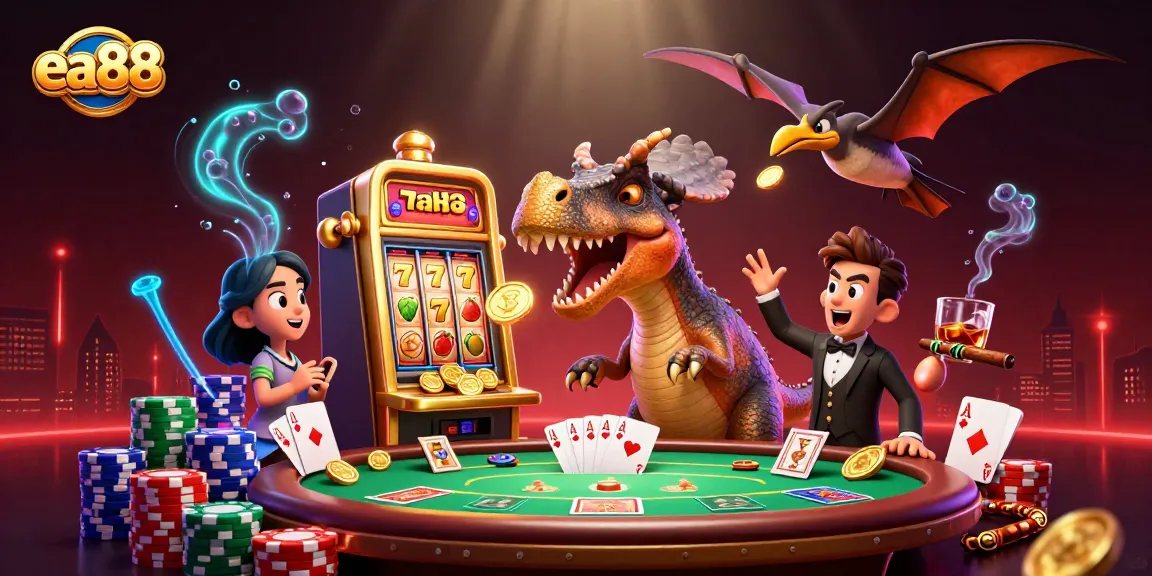 Experience ea88 dynamic wins with a pachycephalosaurus hitting a slot machine amid vibrant casino chaos.