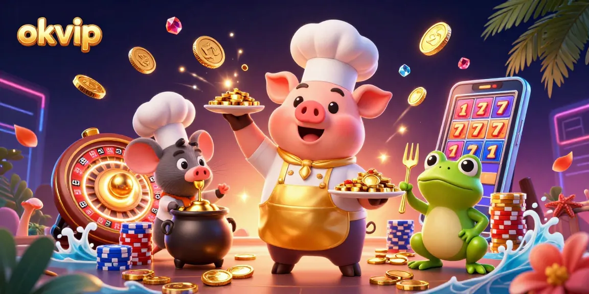 Engage with the vibrant entertainment world of okvip featuring a lively 3D casino scene with characters and golden elements.