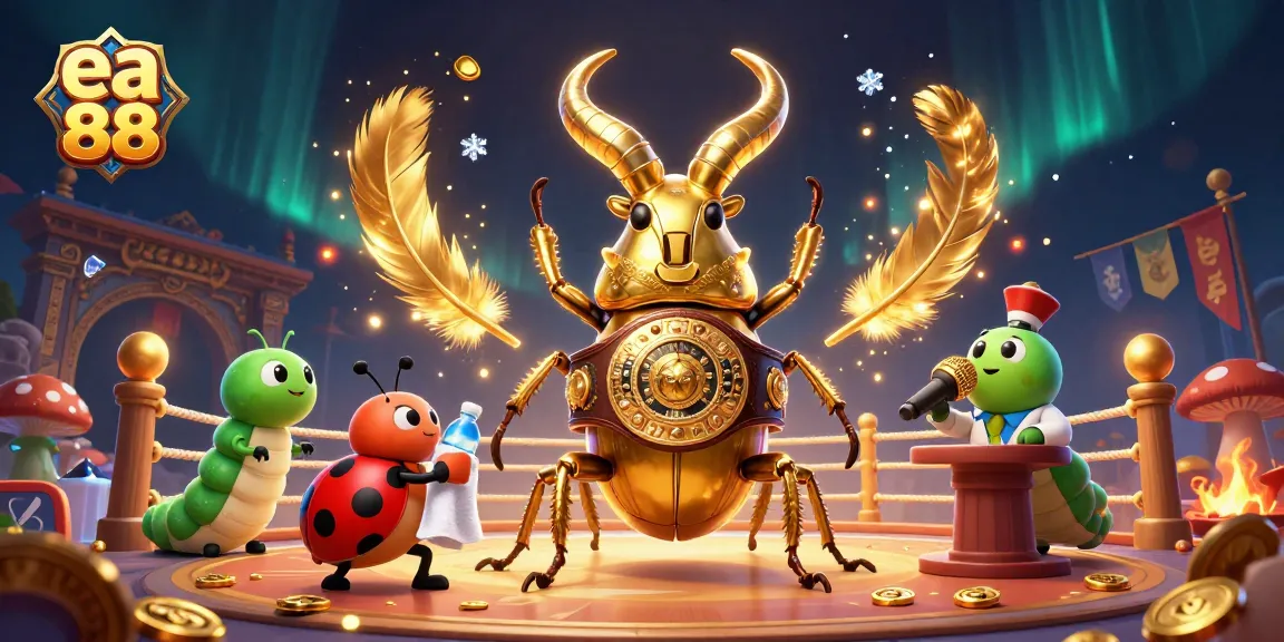 Experience thrilling action at ea 88 with a giant beetle boxing champion surrounded by coins and casino elements.