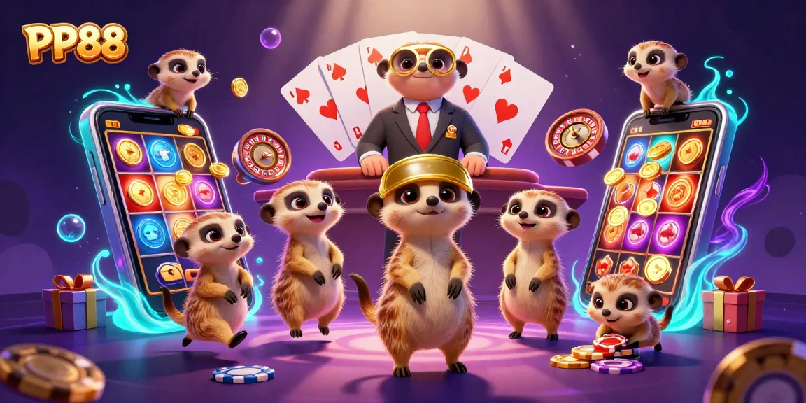 Experience thrilling gaming action at PP88 with meerkats managing a vibrant casino.
