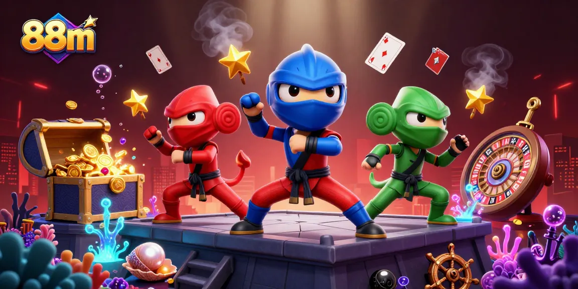 Engage in thrilling gameplay with 88m's vibrant online casino, featuring chameleons, cards, and dynamic scenes.