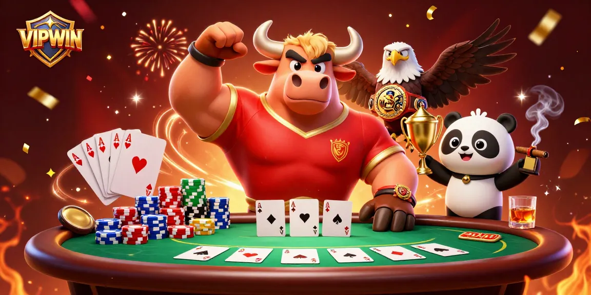 Experience VIPWIN excitement with a victory pose by playful characters amidst rich casino game elements.