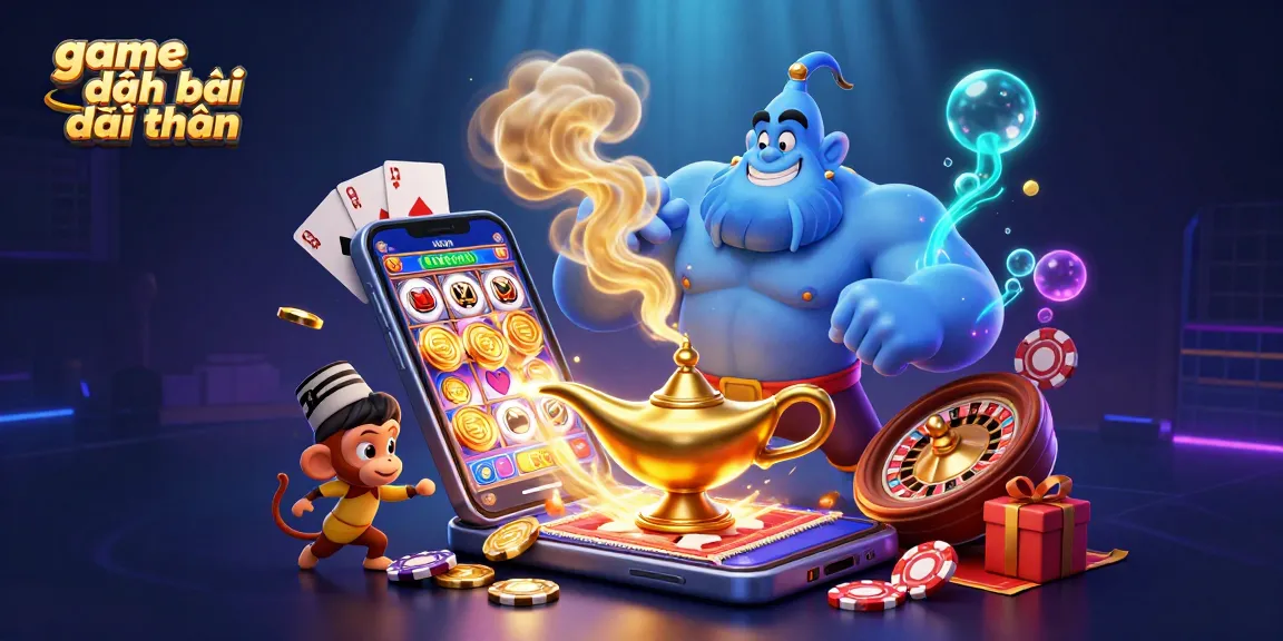 Engage in game đánh bài đổi thưởng with a vibrant illustration showcasing a genie and poker chips emerging from a magic carpet.