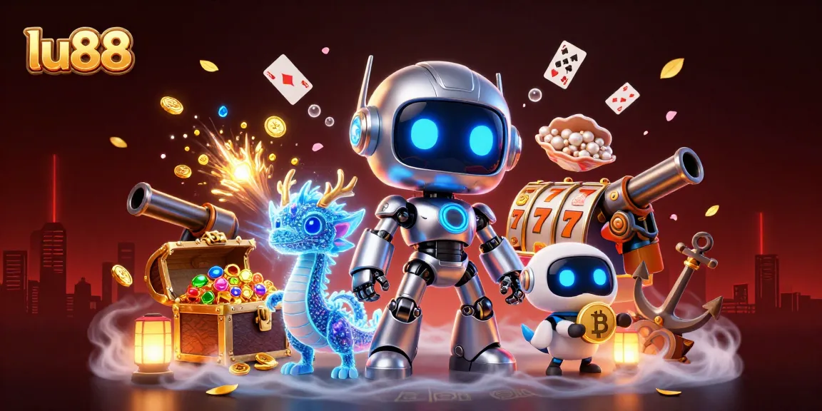 lu88 showcases an exciting casino scene with a futuristic robot and treasures surrounding them.