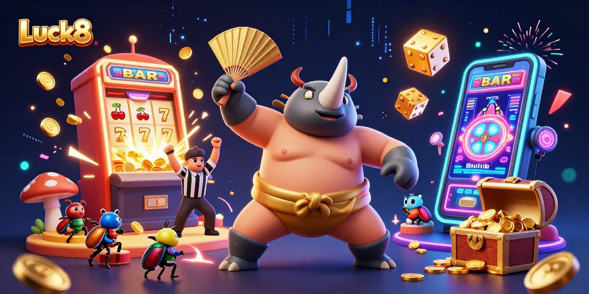 Luck8 captures thrilling casino excitement with a cartoon beetle champion in action.