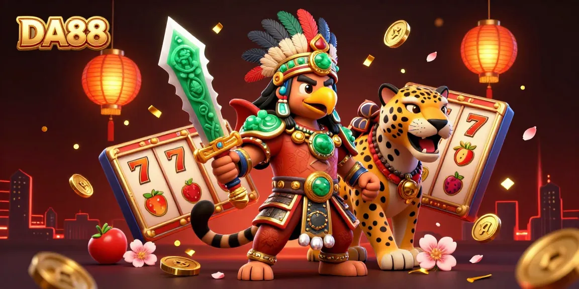 Engage with DA88's vibrant casino atmosphere featuring 3D warriors and spinning slot reels.