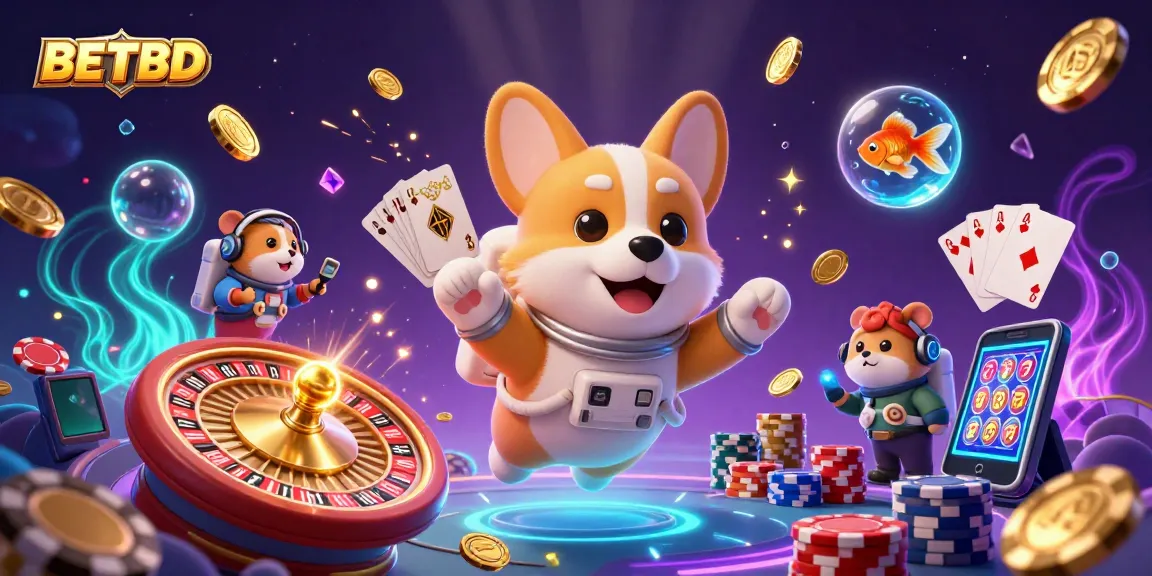 Engage in BETBD's lively casino adventure, featuring an astronaut corgi amid drifting poker chips and coins.