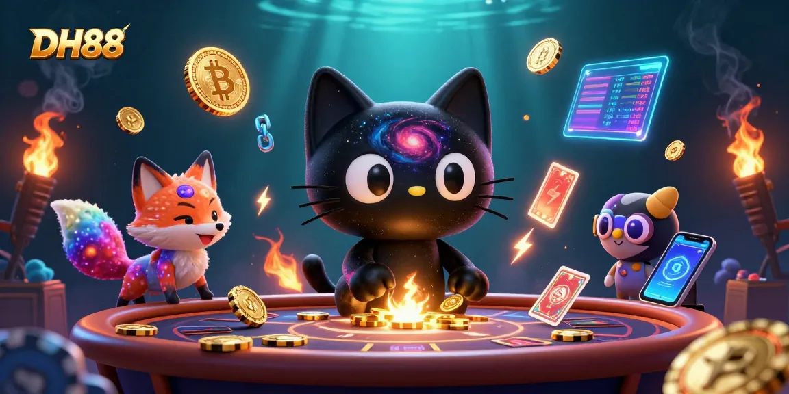 Engage in thrilling gaming at the DH88 cosmic casino with a black hole cat attracting winning chips and cards.