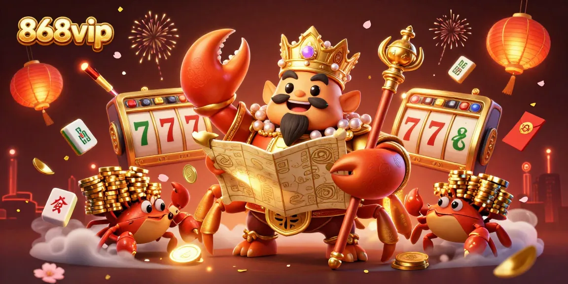 Engage with vibrant 868vip casino aesthetics featuring a golden crab emperor amidst slot game elements.