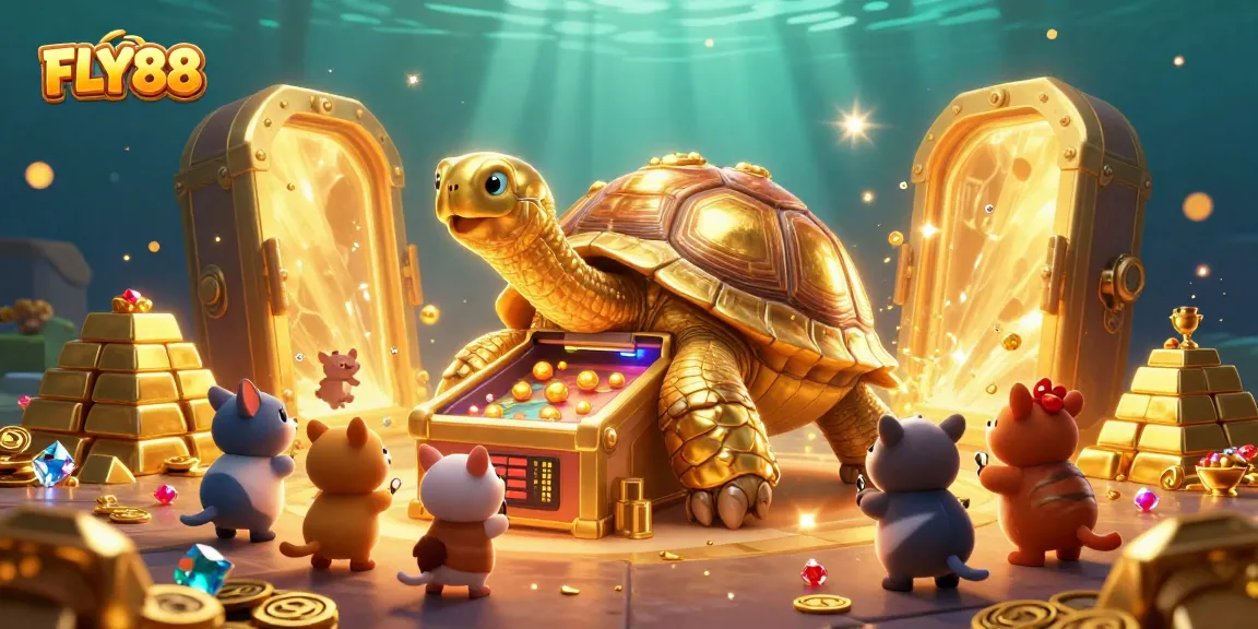Join the excitement of FLY88 as players enjoy the golden tortoise pinball machine in a vibrant casino scene.