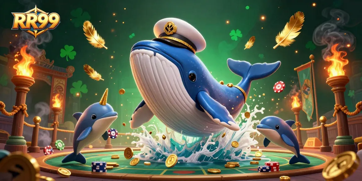 Experience the thrill of RR99 with a 3D casino scene featuring a whale, narwhal, and playful dolphins.