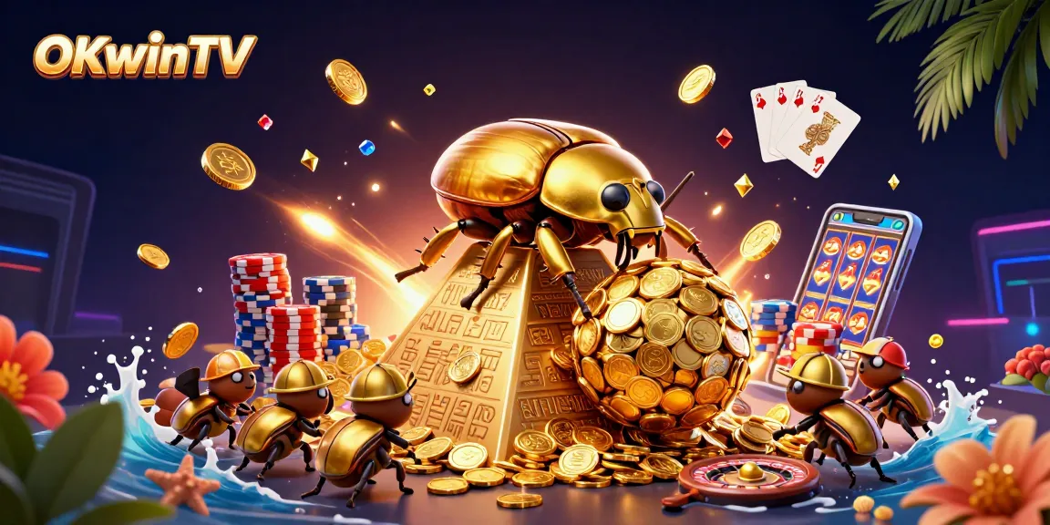 Engage with OKwinTV's vibrant 3D scene of golden insects and casino elements as they create a dynamic gambling experience.
