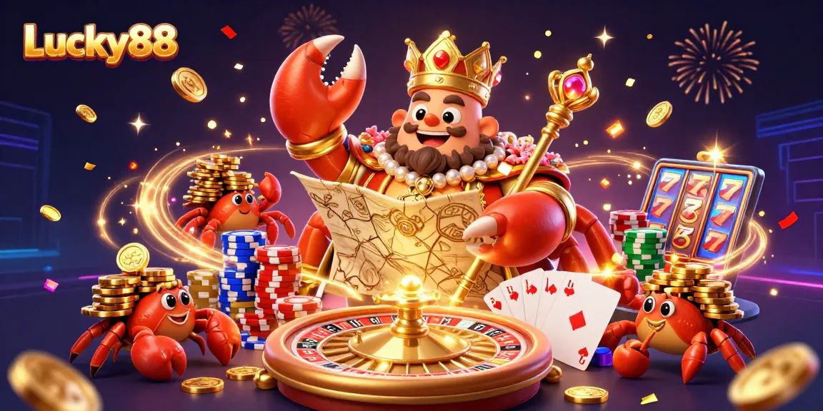 Experience excitement with Lucky88 as the golden crab emperor oversees a vibrant casino scene.