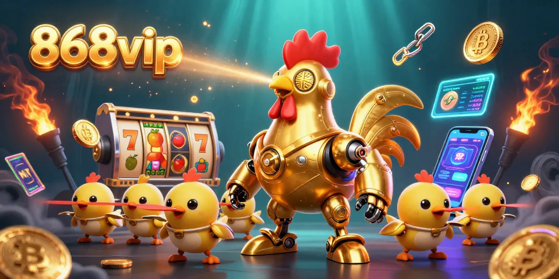 Engage with 868vip's thrilling slot games featuring a golden rooster robot and vibrant 3D visuals.