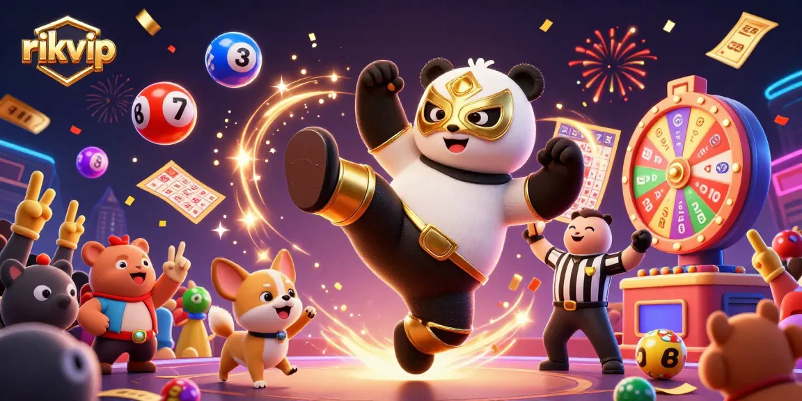 rikvip inspires excitement in a lively casino scene with a panda wrestler kick, confetti, and lottery elements.