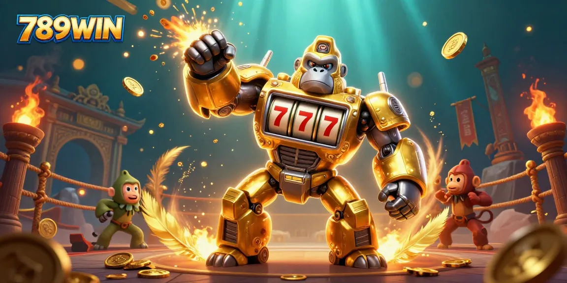 Engage with exhilarating gameplay at 789WIN, featuring a dynamic scene with a golden gorilla mech and slot machines.
