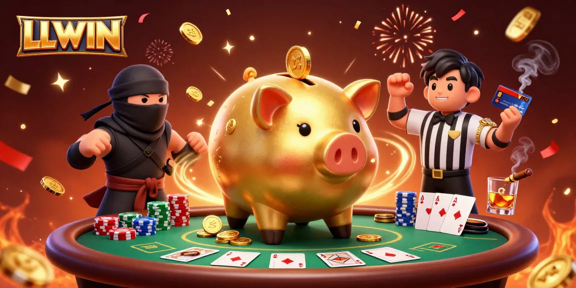 LLWIN players strategizing with a piggy bank sumo wrestler in a vibrant casino scene.