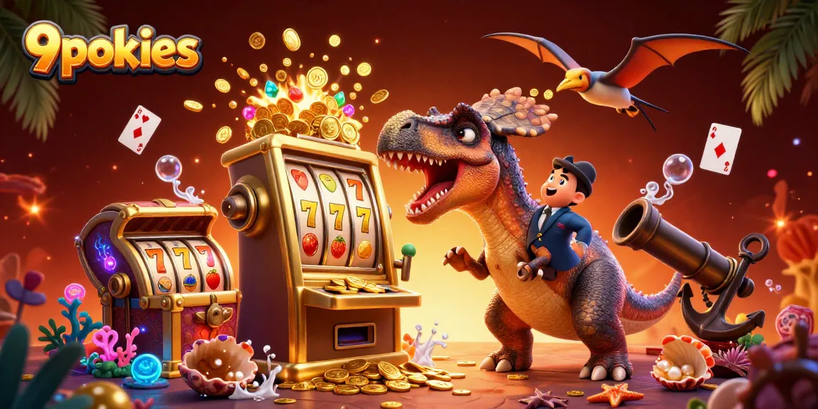 Witness the 9pokies pachycephalosaurus activating a golden slot machine for a jackpot!