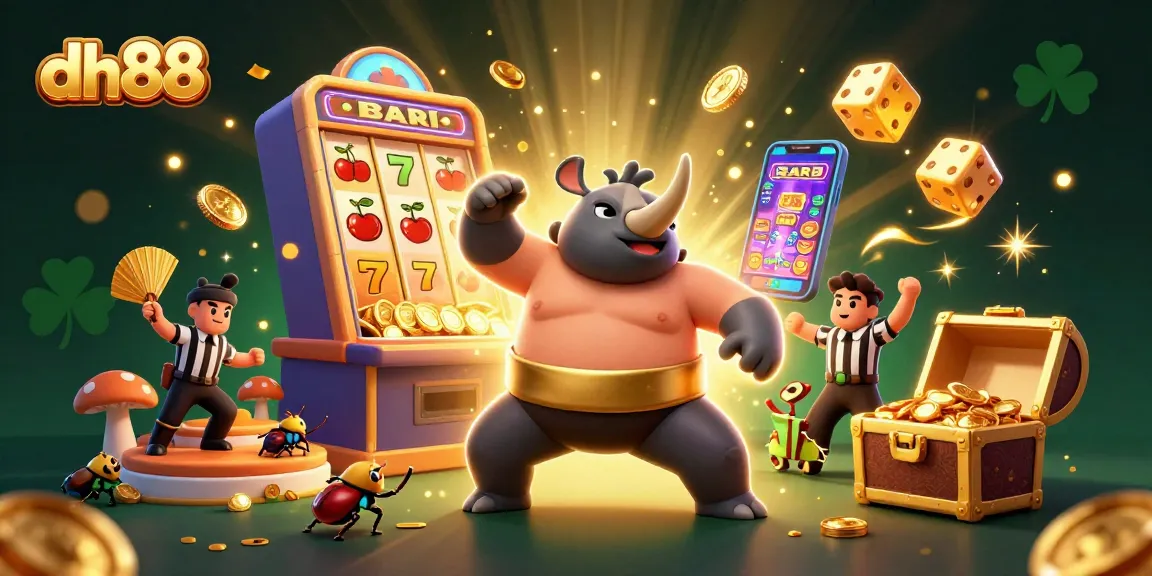 Play with excitement at dh88 as our colorful characters celebrate casino wins amidst flying coins and vibrant jackpots.