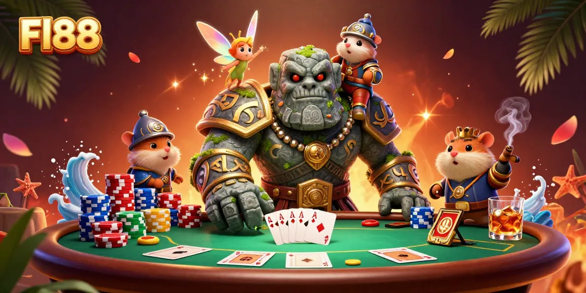Engage with Fl88's exciting gaming scene featuring a golem and knight in vibrant poker action.