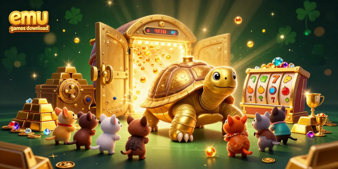 Play emu games download with a vibrant scene featuring a golden tortoise and casino elements.