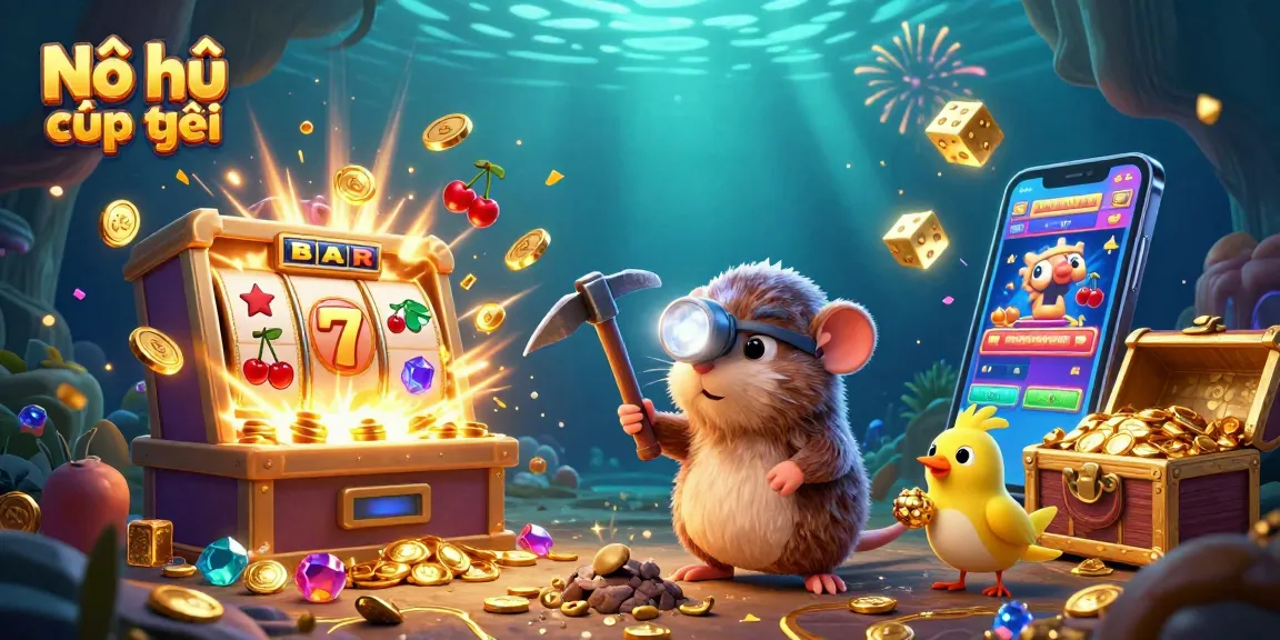Nổ hũ cúp thế giới showcases a dynamic treasure hunt with a mole and canary amidst vibrant casino game elements.