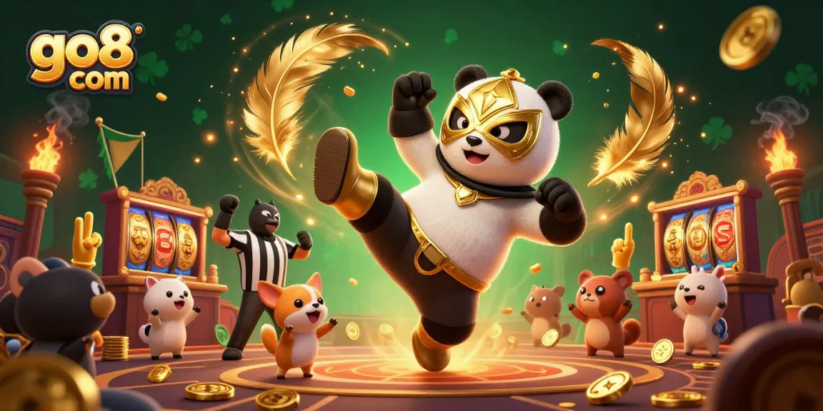 Experience thrilling action at go8 com with a cartoon panda and chihuahua in an exciting casino setting.