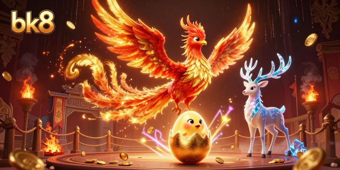 Engage in epic adventures with bk8: a striking phoenix scene filled with golden treasures.