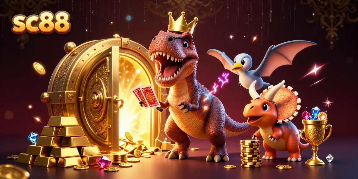 sc88 makes winning possible with an engaging scene of fun dinosaurs playing cards in a rich casino atmosphere