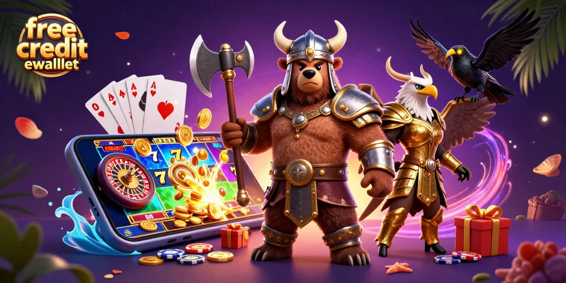 Engage with free credit ewallet through a vibrant 3D casino scene featuring Viking characters and slot games.