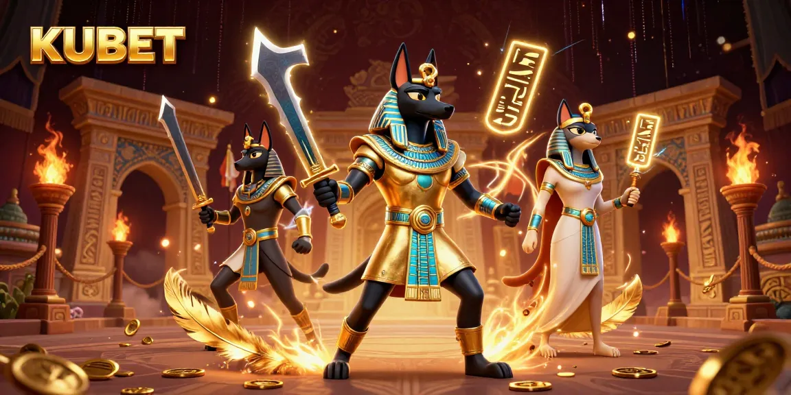 KUBET offers thrilling gaming action with Anubis and Bastet in a vibrant casino setting.